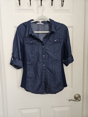 Cavalini Denim Button-Up Shirt with Roll-Tab Sleeves - Blue size large